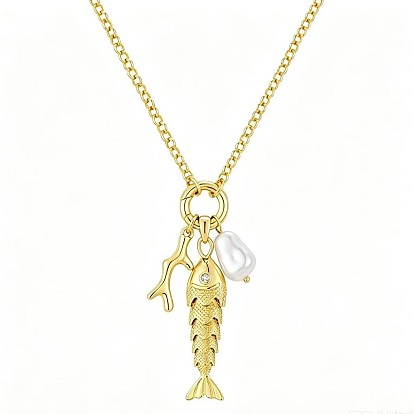 Collares con colgante de pez de latón para playa de verano con perla de plástico para mujer, blanco