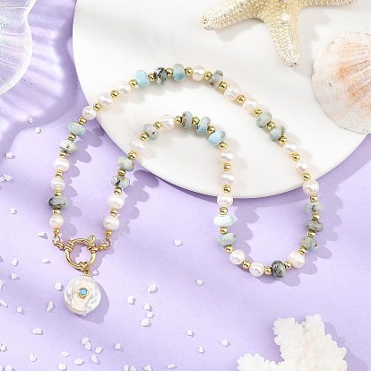 Halsketten mit Anhänger aus natürlichen barocken Keshi-Perlenmünzen, Halsketten aus natürlichem Larimar und Perlen