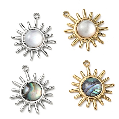 Natural Shell Pendants, 304 Stainless Steel Sun Charms