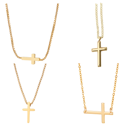 4Pcs 4 Styles Brass & 304 Stainless Steel Sideways Cross Box Chain Necklaces for Women