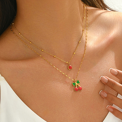201 Двухслойные ожерелья с подвеской в виде вишни из нержавеющей стали с красной эмалью для повседневных праздничных женских образов