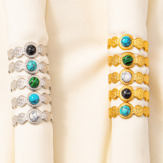 Круглые кольца на палец с натуральными и синтетическими камнями, 304 манжетное кольцо из нержавеющей стали для унисекс