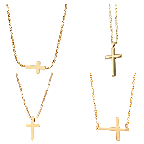 4Pcs 4 Styles Brass & 304 Stainless Steel Sideways Cross Box Chain Necklaces for Women