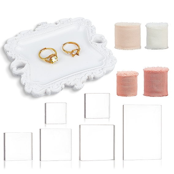 1шт. винтажные подносы из смолы для демонстрации ювелирных изделий, с 4 рулонами 4 разноцветной полиэстерной лентой с необработанными краями и 6 шт. акриловыми подставками для демонстрации.