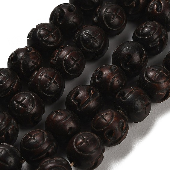 Carved Jujube Wood Beads, Round with Cross Pattern