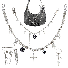 4Pcs 4 Styles Alloy Rhinestone Chain Brooch & Keychain with Iron Split Key Rings & Acrylic & Brass Chain Purse Chains, Star & Moon