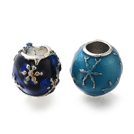 Rack Plating Alloy European Beads, with Enamel, Lead Free & Cadmium Free, Large Hole Beads, Round with Snowflake