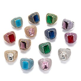 Brass Micro Pave Cubic Zirconia Cuff Rings, Open Rings, Long-Lasting Plated, Rectangle