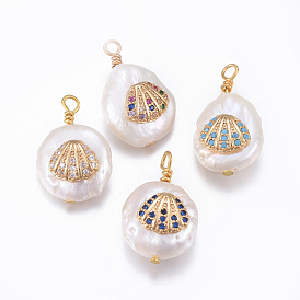 Natural Cultured Freshwater Pearl Pendants, with Brass Micro Pave Cubic Zirconia Findings, Nuggets with Shell, Golden