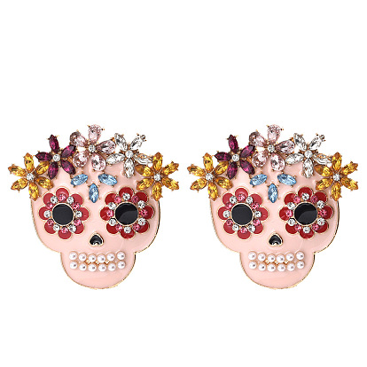 Rhinestone Skull with Flower Stud Earrings with Enamel, Halloween Alloy Jewelry for Women