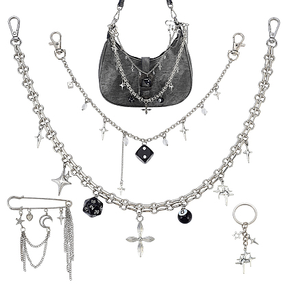 4Pcs 4 Styles Alloy Rhinestone Chain Brooch & Keychain with Iron Split Key Rings & Acrylic & Brass Chain Purse Chains, Star & Moon