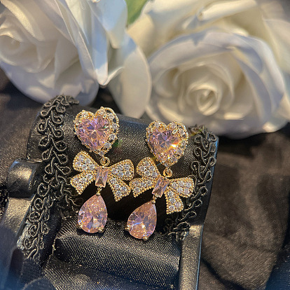 Серьги-гвоздики из латуни с микропаве и бантиком из циркония, с 925 штырями стерлингового серебра, золотые