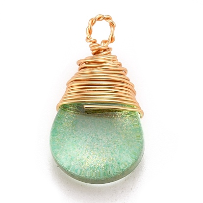 Transparent Glass Pendants, with Gold Copper Wire Wrapped Pendants, Teardrop
