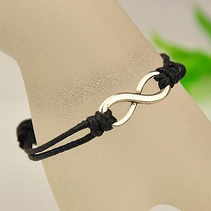 Alloy Infinity Multi-strand Bracelets, with Waxed Cotton Cord, Adjustable Diameter: 40~65mm