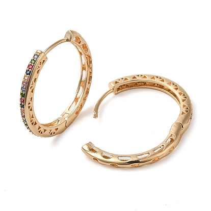 Brass Micro Pave Colorful Cubic Zirconia Hoop Earrings for Women, Hollow Leaf