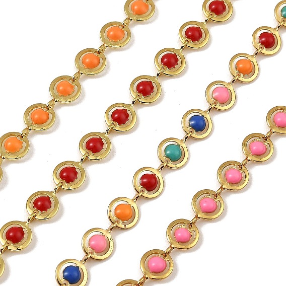 Латунные цепочки, с эмалью, без кадмия, без никеля и без свинца, реальный 18 k позолоченный, несварные, с катушкой, Плоско-овальные