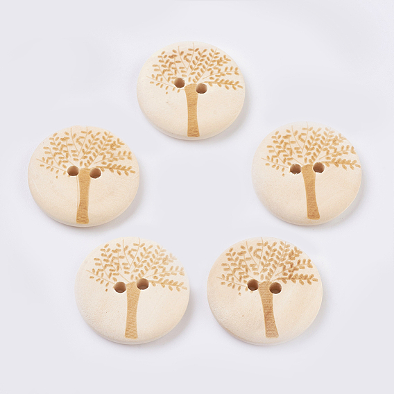Wooden Buttons, 2-Hole, Flat Round with Tree