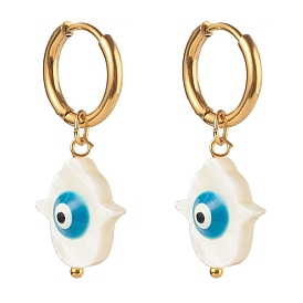 304 Stainless Steel Huggie Hoop Earrings, with Natural Shell Beads, Hamsa Hand with Evil Eye, Dodger Blue