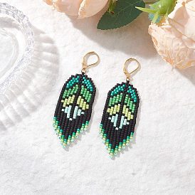 Handmade Glass Seed Beads Dangle Earrings, with Brass, Leaf, Golden