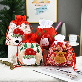 Bear/Deer/Snowman/Santa Cluas Christmas Jute Pouches, Rectangle Christmas Gift Drawstring Bags, Red