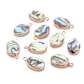 Electroplated Natural Abalone Shell/Paua Pendants, with Golden Iron Edge and Half Drilled, Oval