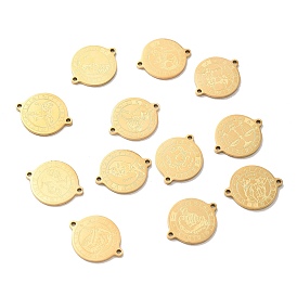 Ion Plating(IP) 304 Stainless Steel Connector Charms, Real 18K Gold Plated, Flat Round with Constellation