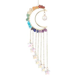 Glass Star & Natural Pearl Pendant Decoration, Hanging Suncatchers, with Moon Brass & Gemstone Chips and Cable Chains