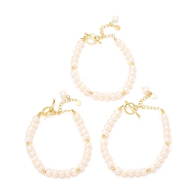 Natural Pearl Beaded Bracelets, with Brass Round Beads, Long-Lasting Plated
