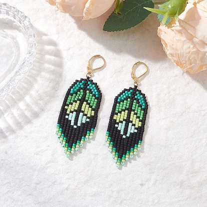 Серьги-подвески из стеклянных бусин ручной работы, с латунным, лист, золотые