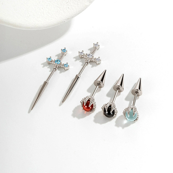 Серьги в виде когтя Грагона с шаровидным мечом, из латуни с кубическим цирконием, для хряща уха., с 304 штифтов из нержавеющей стали, платины и нержавеющая сталь цвет