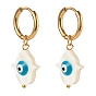 304 Stainless Steel Huggie Hoop Earrings, with Natural Shell Beads, Hamsa Hand with Evil Eye, Dodger Blue