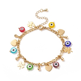 Lampwork Evil Eye & Brass Clover Heart Charms Bracelet with Stainless Steel Chains for Women
