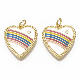Brass Enamel Pendants, with Jump Rings, Nickel Free, Heart with Rainbow Pattern, Colorful