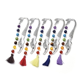 Tibetan Style Alloy Bookmarks, with Gemstone Beads Chains, Cotton Thread Tassel Pendant Decorations, Mermaid