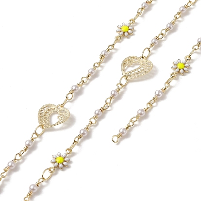 Rack Plating Brass Heart & Enamel Daisy Flower Link Chains, with Plastic Pearl Beaded, Unwelded, with Card Paper