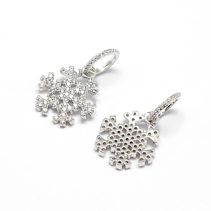 Snowflake Brass Micro Pave Cubic Zirconia Charms, Cadmium Free & Nickel Free & Lead Free, 14x13x2mm, Hole: 5mm