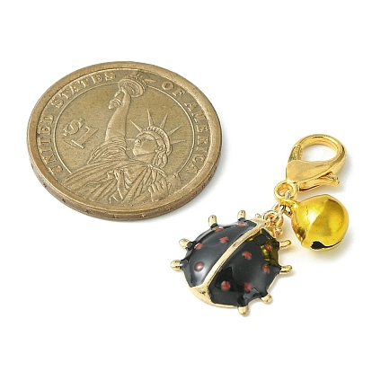 Ladybird Alloy Enamel Pendants Decoraiton, with Bell Charm and Zinc Alloy Lobster Claw Clasps