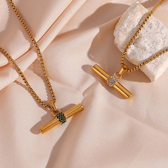 304 Stainless Steel Rhinestone T Bar Pendant Necklaces for Women, Real 18K Gold Plated