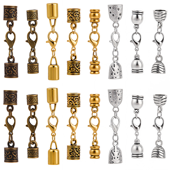 32pcs 8 styles extrémités de cordon en alliage, avec fermoir pince de homard, formes mixtes