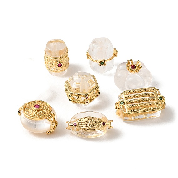 Perles de cristal de quartz naturel, avec accessoires zircon cubique micro pave en laiton, perles de cristal de roche, or