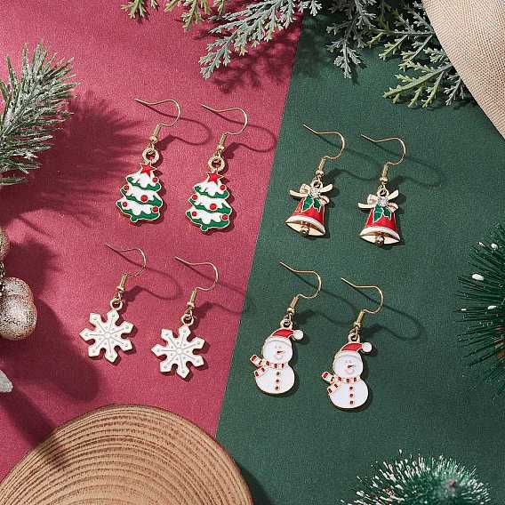 4 пары сережек-подвесок из сплава с эмалью, с 304 нержавеющей стали серьги крючки, золотые, Новогодняя тема