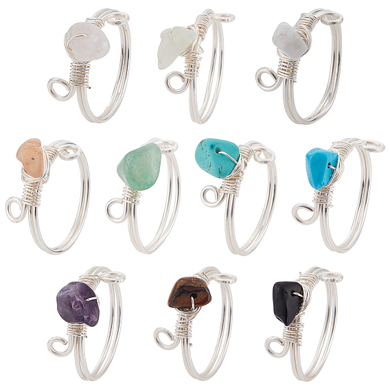 10шт. кольца из натуральных и синтетических драгоценных камней, с медной проволокой