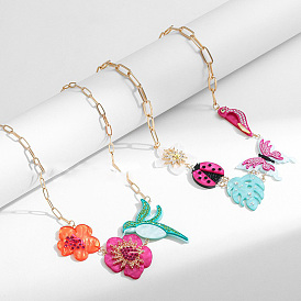 Spring Summer Acrylic Rhinestone Pendant Bib Necklaces for Women, Golden, Colorful