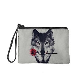 Polyester Wristlet Wallet, Change Purse for Women, with Bag Strap, Rectangle with Wolf & Rose Pattern