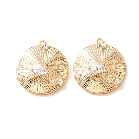 Brass Micro Pave Clear Cubic Zirconia Pendants, Flat Round Charms