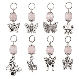 8шт. подвески из сплава в виде бабочки в тибетском стиле, с устойчивыми к потускнению 304 разъемными кольцами из нержавеющей стали и бусинами из натурального розового кварца