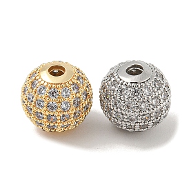 Brass Micro Pave Clear Cubic Zirconia Beads, Round