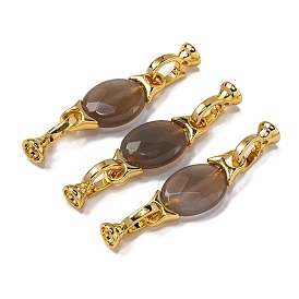 Rack Plating Brass and Grey Agate Flod Over Clasps, Oval, Real 18K Gold Plated