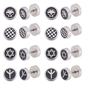 4Pairs 4 Style Peace Sign & Star & Skull Black Enamel Ear Fake Plugs, Stainless Steel Flat Round Earrings for Woman