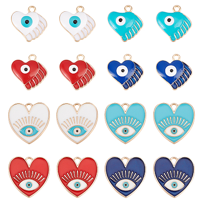 32Pcs 8 Style Rack Plating Alloy Enamel Pendants, Cadmium Free & Nickel Free & Lead Free, Heart with Eye, Light Gold